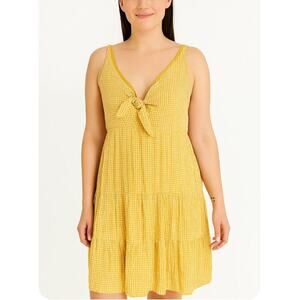 Everly Gingham yellow white checkered plaid knot tie tiered dress short SZ SM